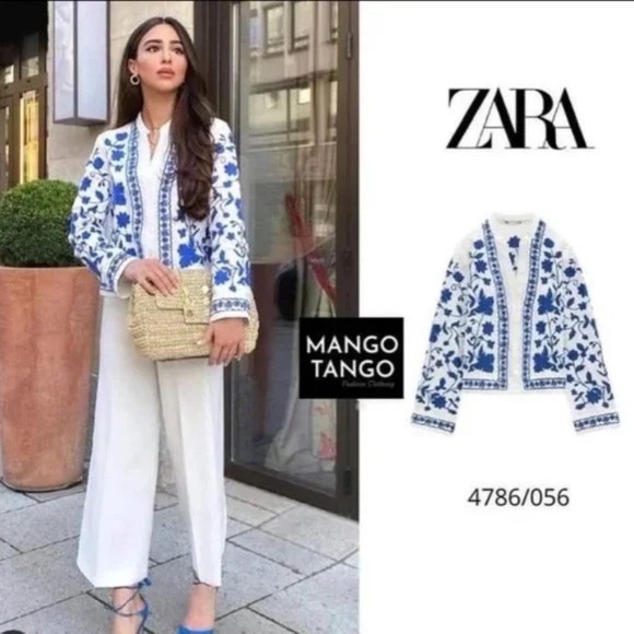 Zara Tops - Blogger Fave! ZARA Ecru Blue White Linen Embroidered Jacket XS Floral